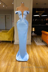 Sky Blue Mermaid V-Neck Off-The-Shoulder Evening Prom Dresses